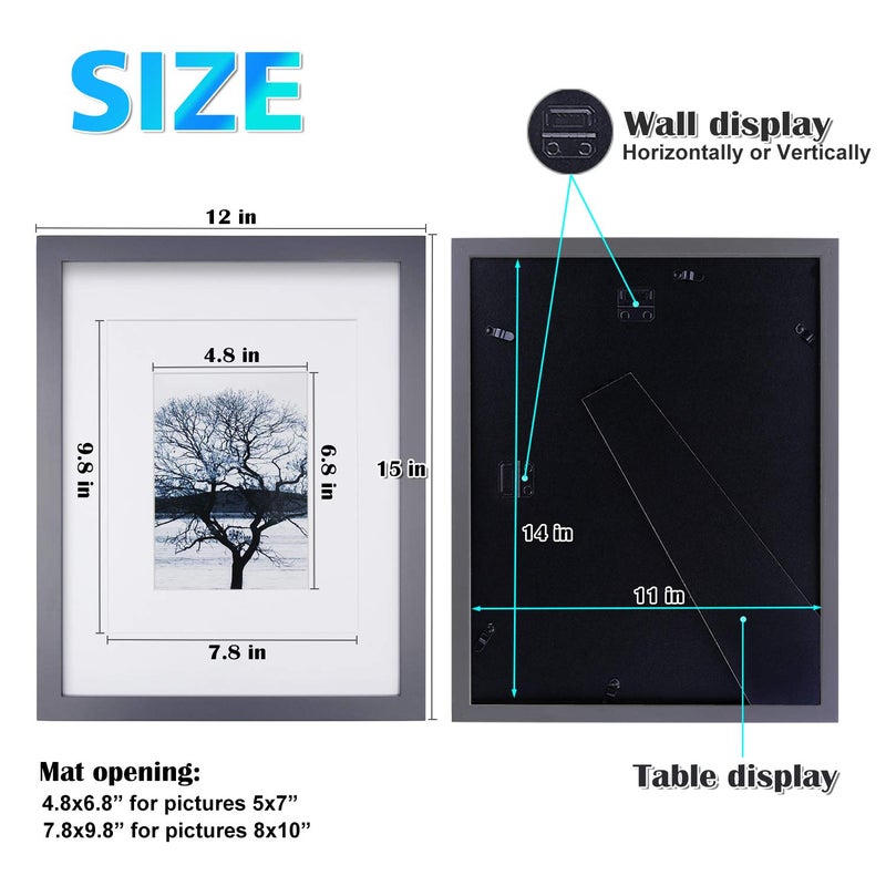 Egofine 11x14 Picture Frames 4 Pack Display Pictures 5x7/8x10 with Mat or 11x14 Without Mat Made of Solid Wood Covered by Plexiglass for Table Top Display and Wall Mounting Photo Frames, Dark Gray - Image 3